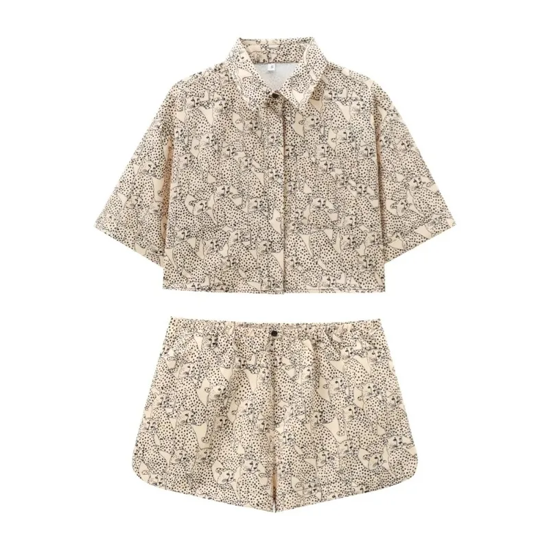 

2024 summer new, European-style casual women's wear, lapel short-sleeve printed shirt, mid-waist shorts suit, women's wear