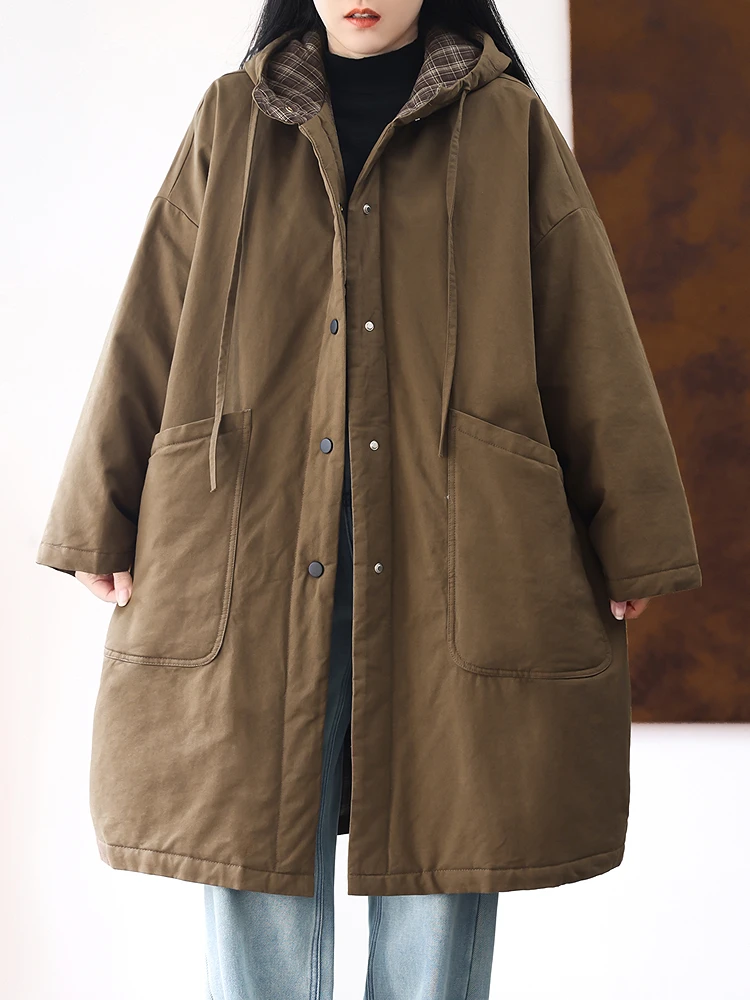 Winter New Women's Down Cotton Jacket Commuter Splicing Grid Hoodie Oversized Windproof Coat