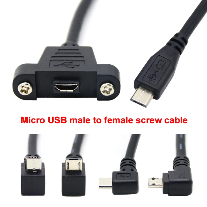 30cm Micro USB 5-pin 90 Degree USB 2.0 Male Connector to Micro Female Extension Cable Pitch 27mm With Screws Panel Mount Hole