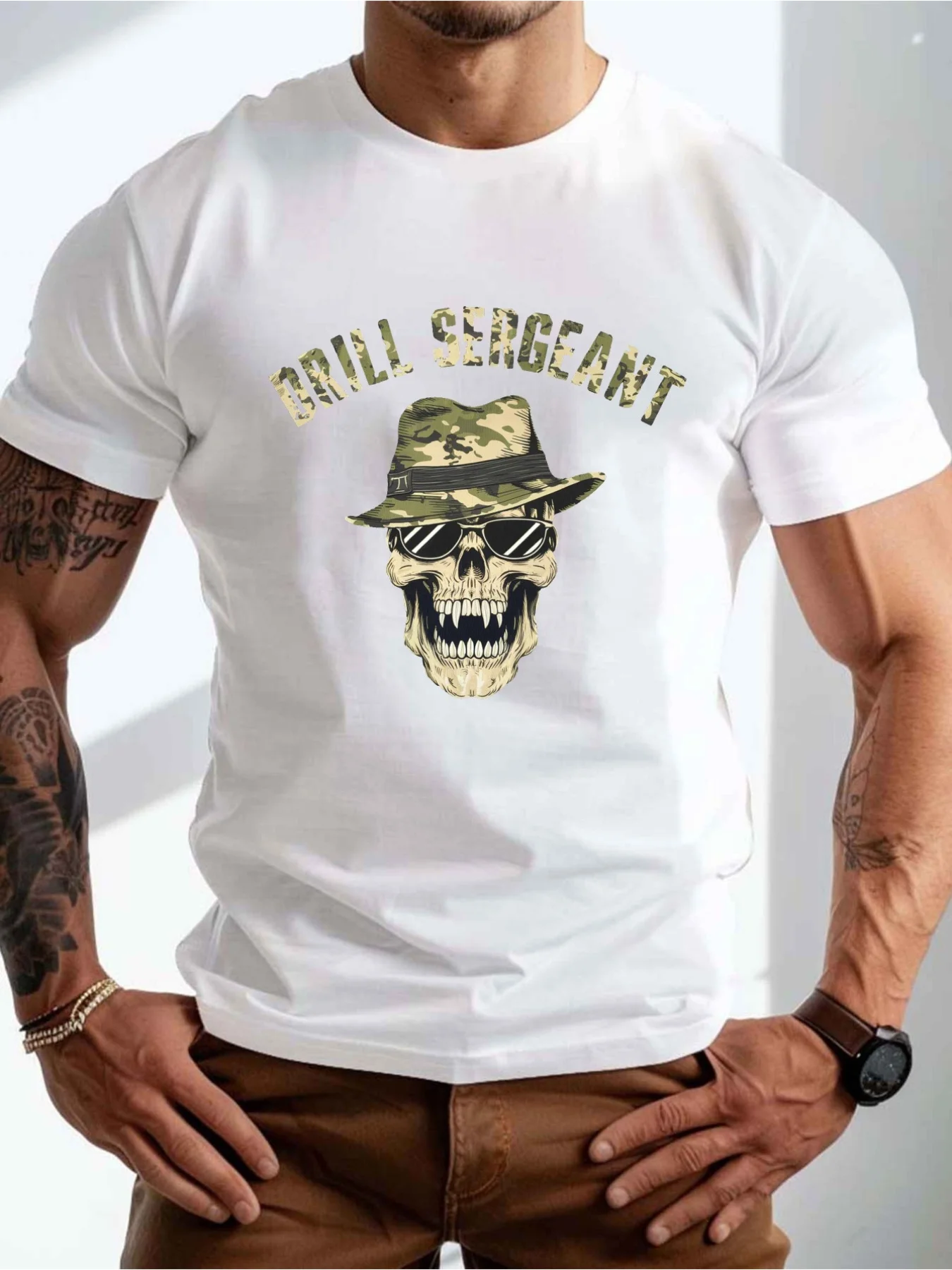 Men's Plus Size Drill Sergeant Skull T-Shirt - Graphic Tee With Bold Drill, Fabric Short Sleeve Crew Neck Shirt, Machine Washabl