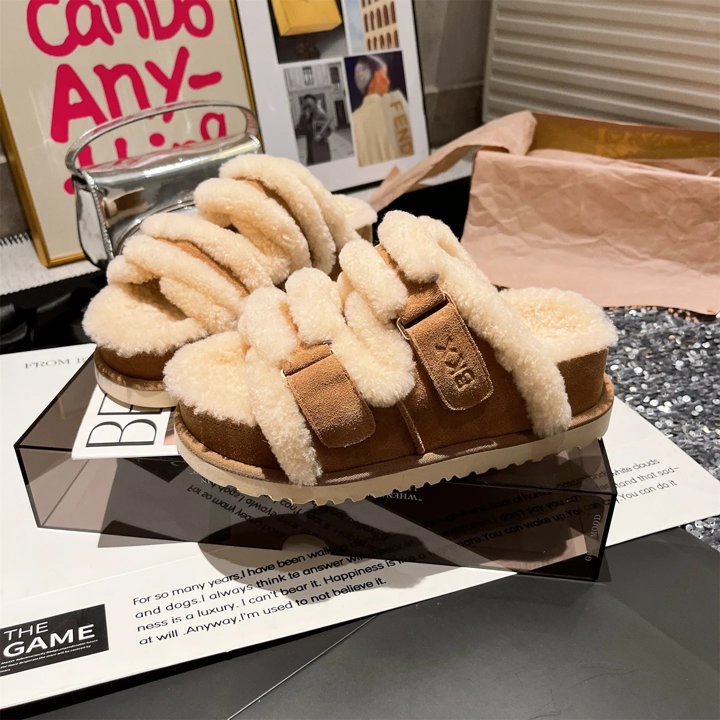 

Furry Slippers Women's Flats Shoes Platform Short Plush Snow Boots Winter Comfort Home Flip Flops