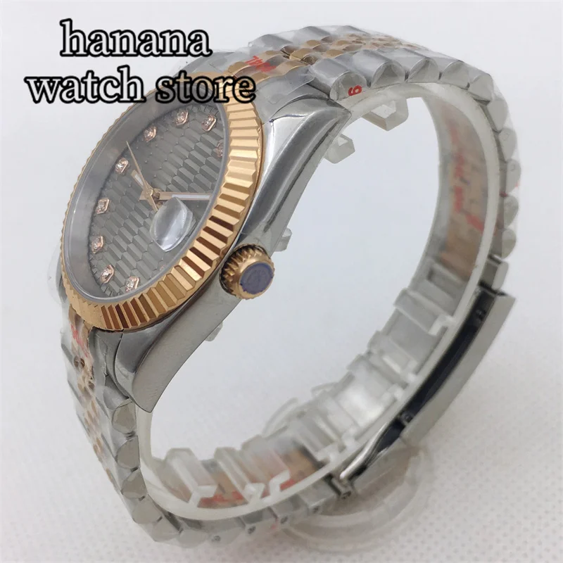 ساعة رجالية ميكانيكية أوتوماتيكية من BLIGER 36 ملم 39 ملم إطار مدمج من الياقوت الوردي الفضي سوار من الفولاذ المقاوم للصدأ