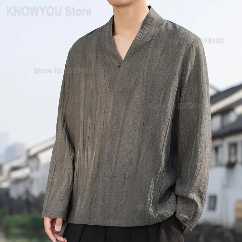 Men New Chinese Style Cotton Linen Long Sleeve Shirt V Neck Frog Button Loose Zen Tea Wear Modified Oriental Pullover Top Outfit