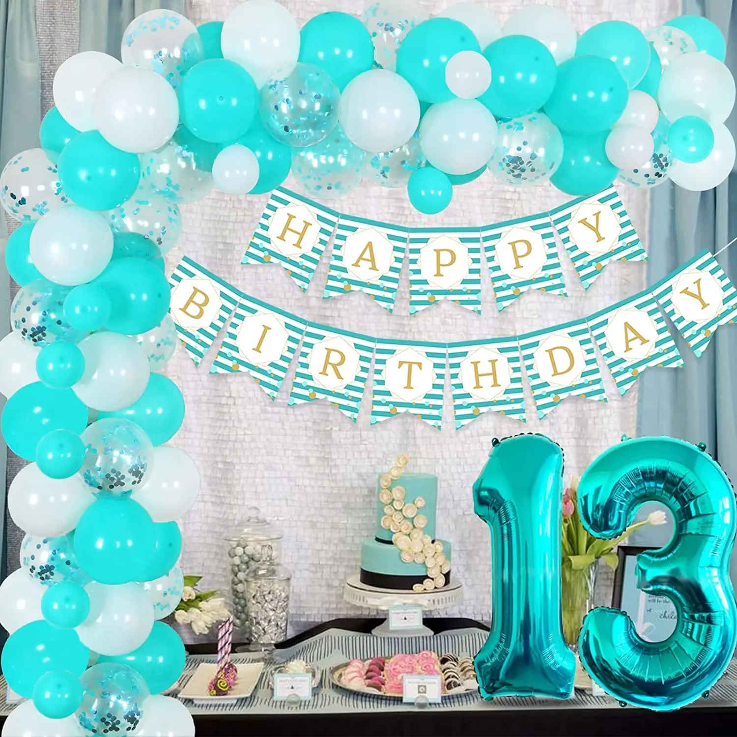 

Cheereveal 13th Birthday Party Decorations Teal Blue White Balloon Garland Arch Kit Turquoise Happy Birthday Banner 13 Year Old