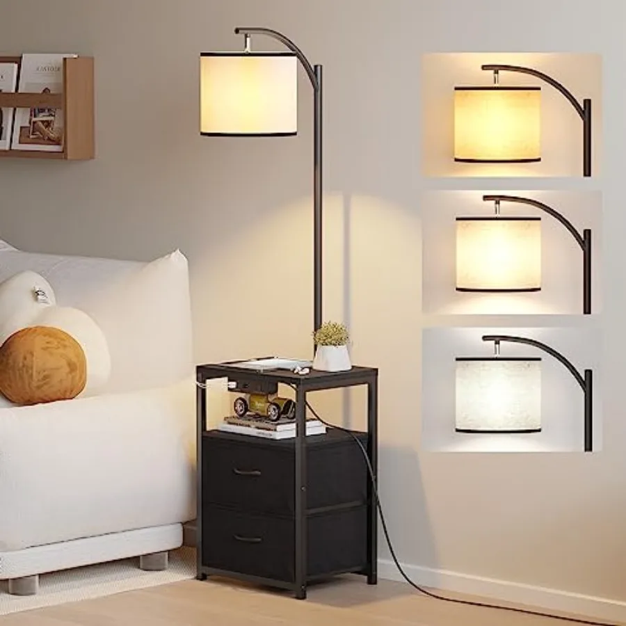 Floor Lamp with Table and 2 Drawers, Lamp with USB Port and Outlet, Lamps for Nightstand with 3 Color Temperature Led Bulb Incl