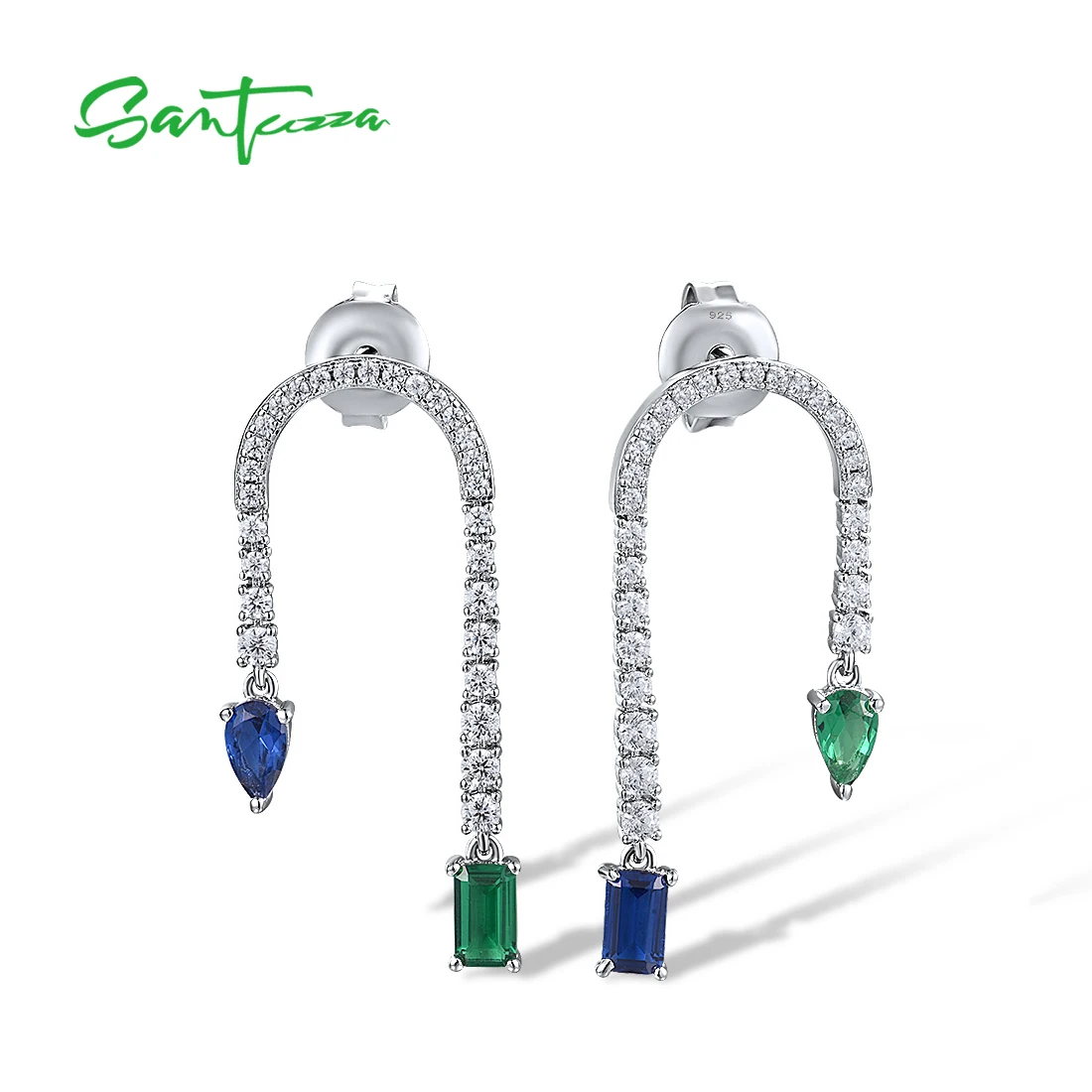 

SANTUZZA Real 925 Sterling Silver Dangling Earrings For Women Sparkling Blue&Green Stone Chic Wedding Anniversary Fine Jewelry