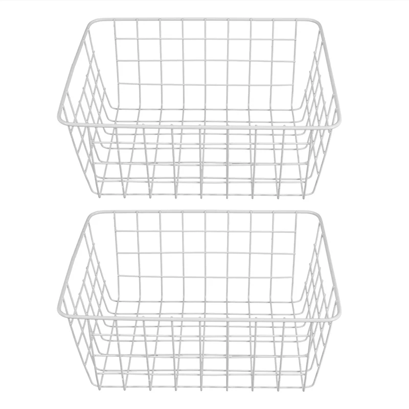 2 Pack Wire Storage Baskets, Farmhouse Metal Wire Basket Freezer Storage Organizer Bins with Handles(White)