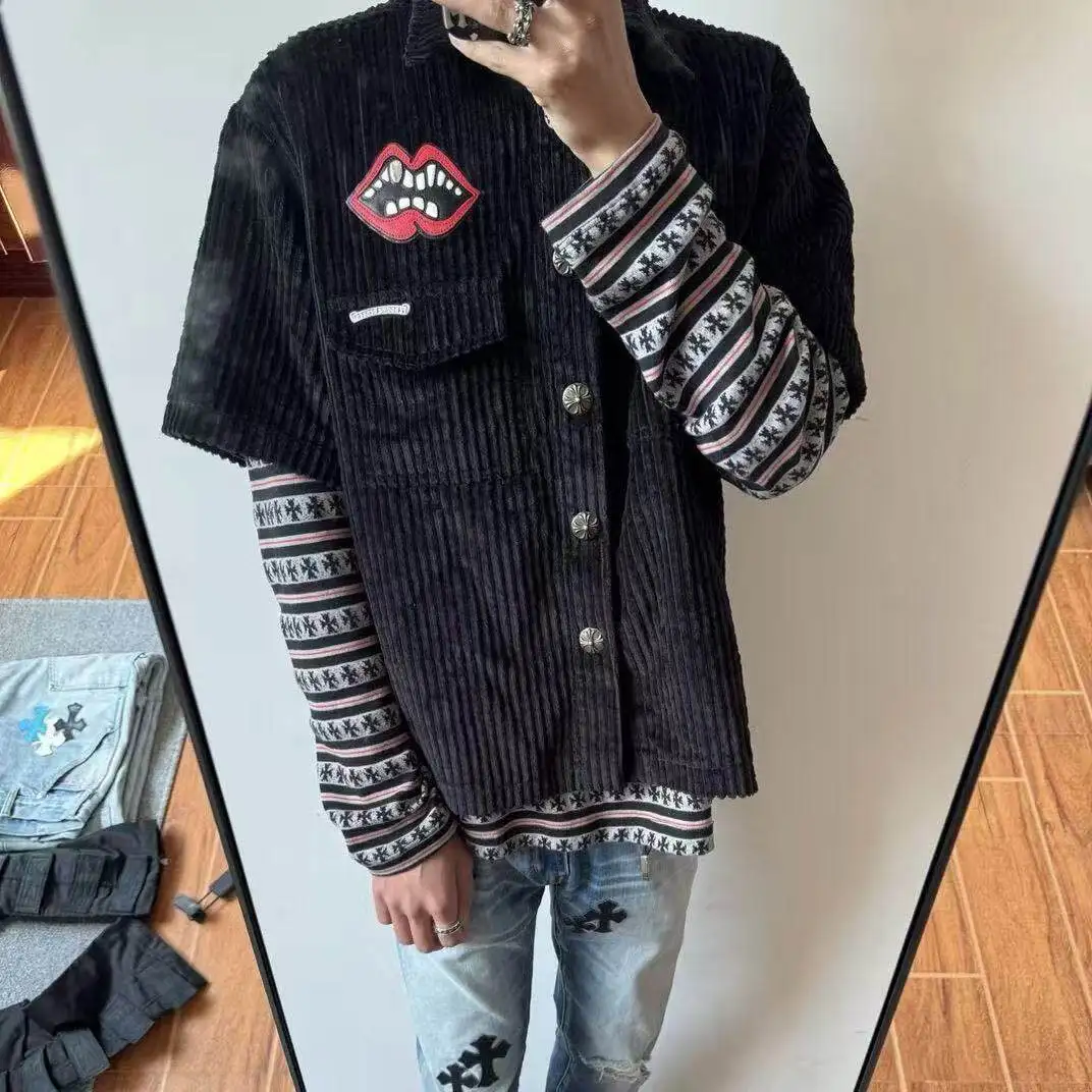 Embroidered Corduroy Short Sleeve Shirt Men's Women's Couple Versatile Outerwear Cleanfit Style Polyester Fiber Summer Shirt