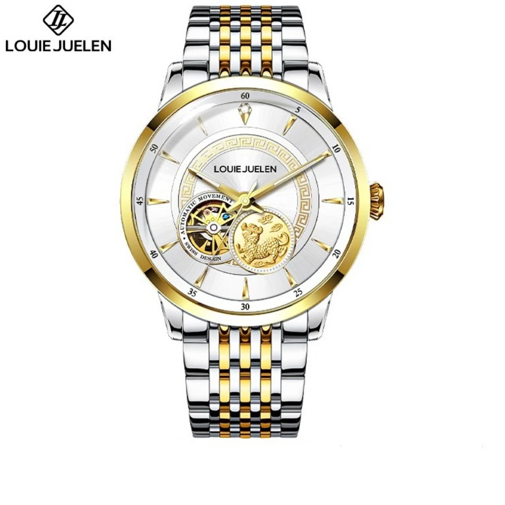 LOUIE JUELEN 2026 Men Automatic Watch Hollow Skeleton Dial Diamond Mark Luminous Waterproof Luxury Male Mechanical Wristwatch