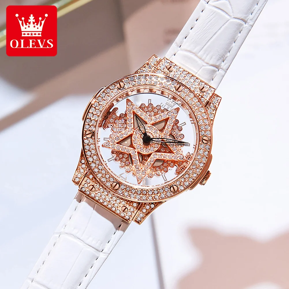 OLEVS 9938 Draaibare wijzerplaat Holle skelet Dameshorloges Luxe waterdichte diamanten damespolshorloge Trend quartz horloge voor dames