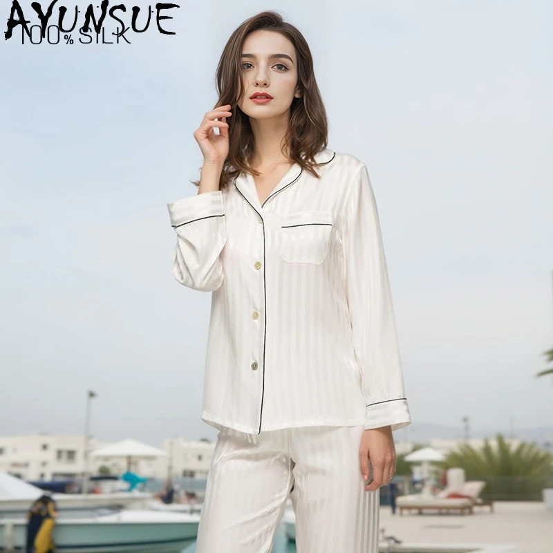 AYUNSUE 16Mm 100% Mulberry Silk Sleepwear Women Clothes Casual Pants Long Sleeve Top Two-piece Set Spring Pajama Sets Пижама