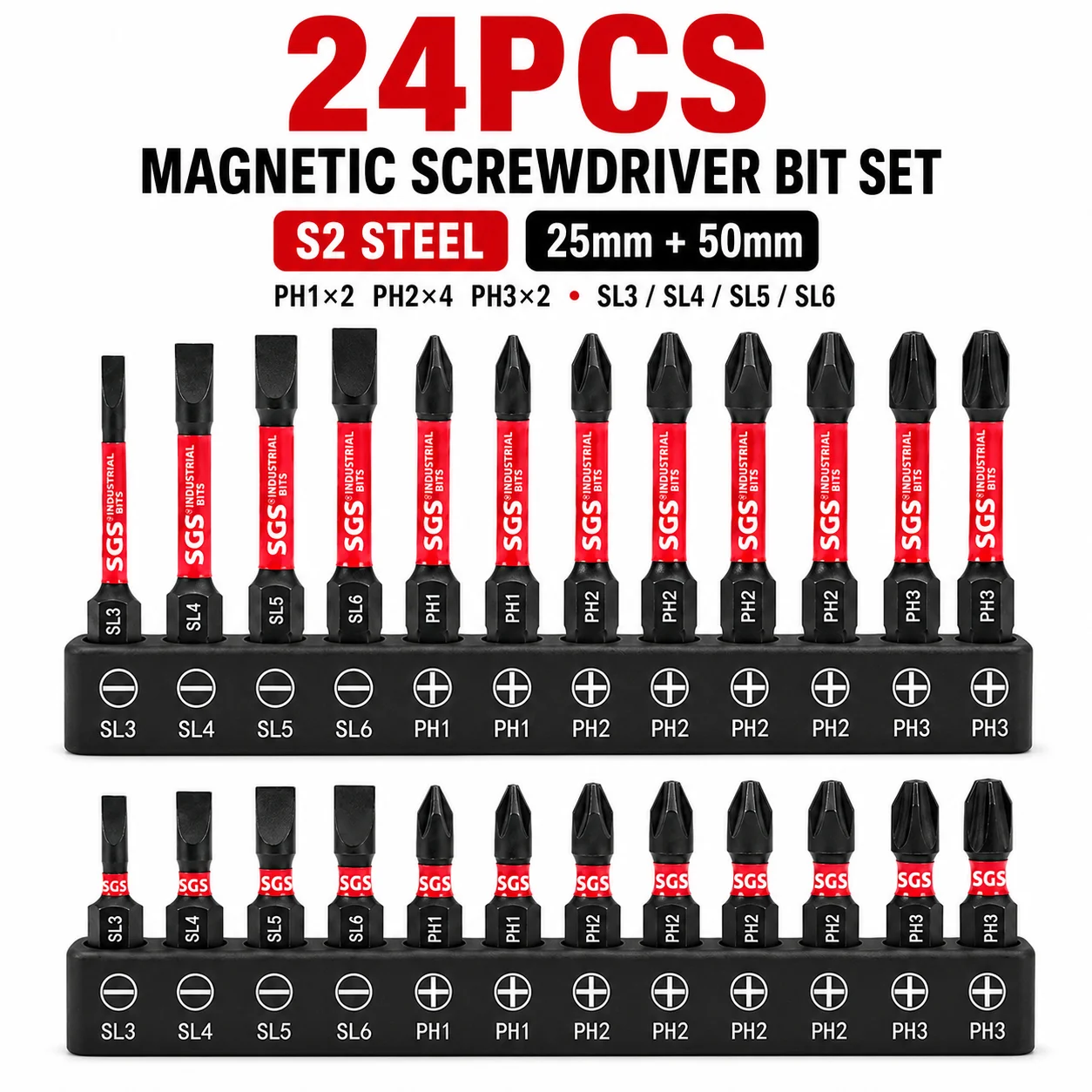 12/24PCS Magnetic Screwdriver Bit Set S2 Steel 25mm 50mm PH1 PH2 PH3 SL3 SL4 SL5 SL6 1/4 Inch Hex Shank Drill Bits for Furniture DIY Repair