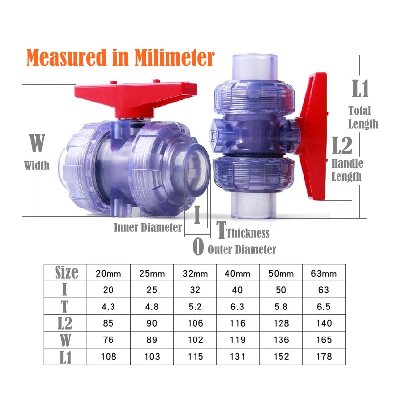 1PC 20-63MM PVC Ball Valve Blue Transparent Union Valve PVC Pipe Fittings Garden Watering Irrigation System Adapters