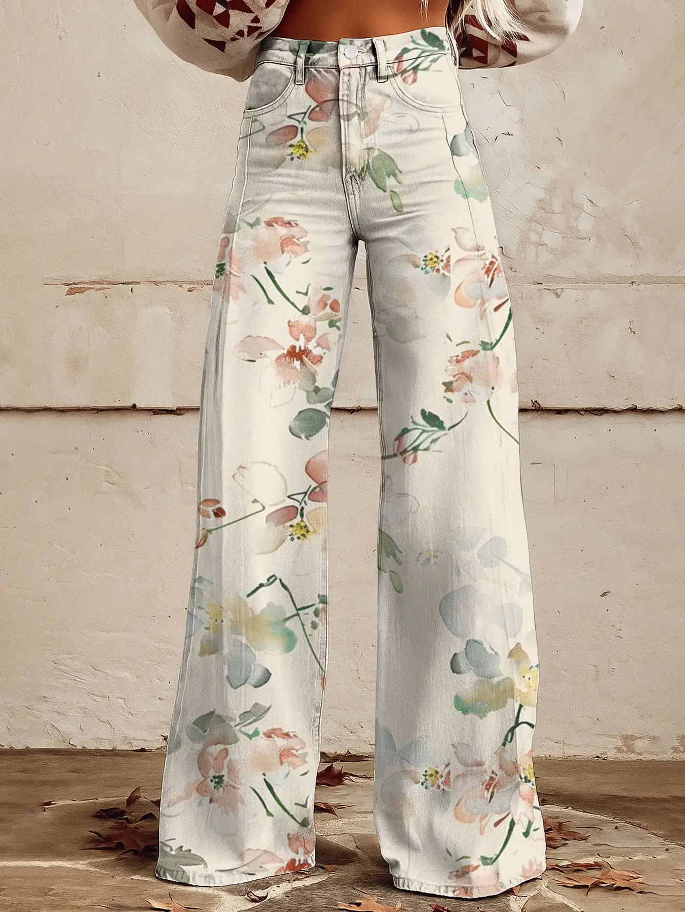  Women's new casual jeans with a variety of colorful western prints, loose wide leg design, Oversized sunflower pattern