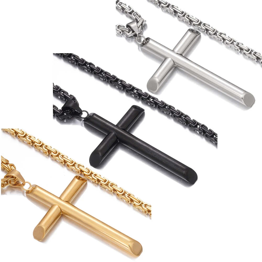 Silver/Gold/Black Stainless Steel Big Cross Pendant Necklace with 6mm Byzantine Box Chain 22inch-32inch for Men Women