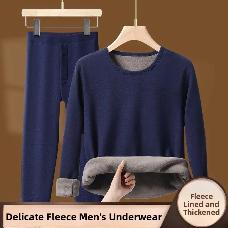 

Men's Winter Warm Underwear Set Fleece Lined Thickened round Neck Base Shirt Autumn Pants Mid-aged Dad Style Home Clothes