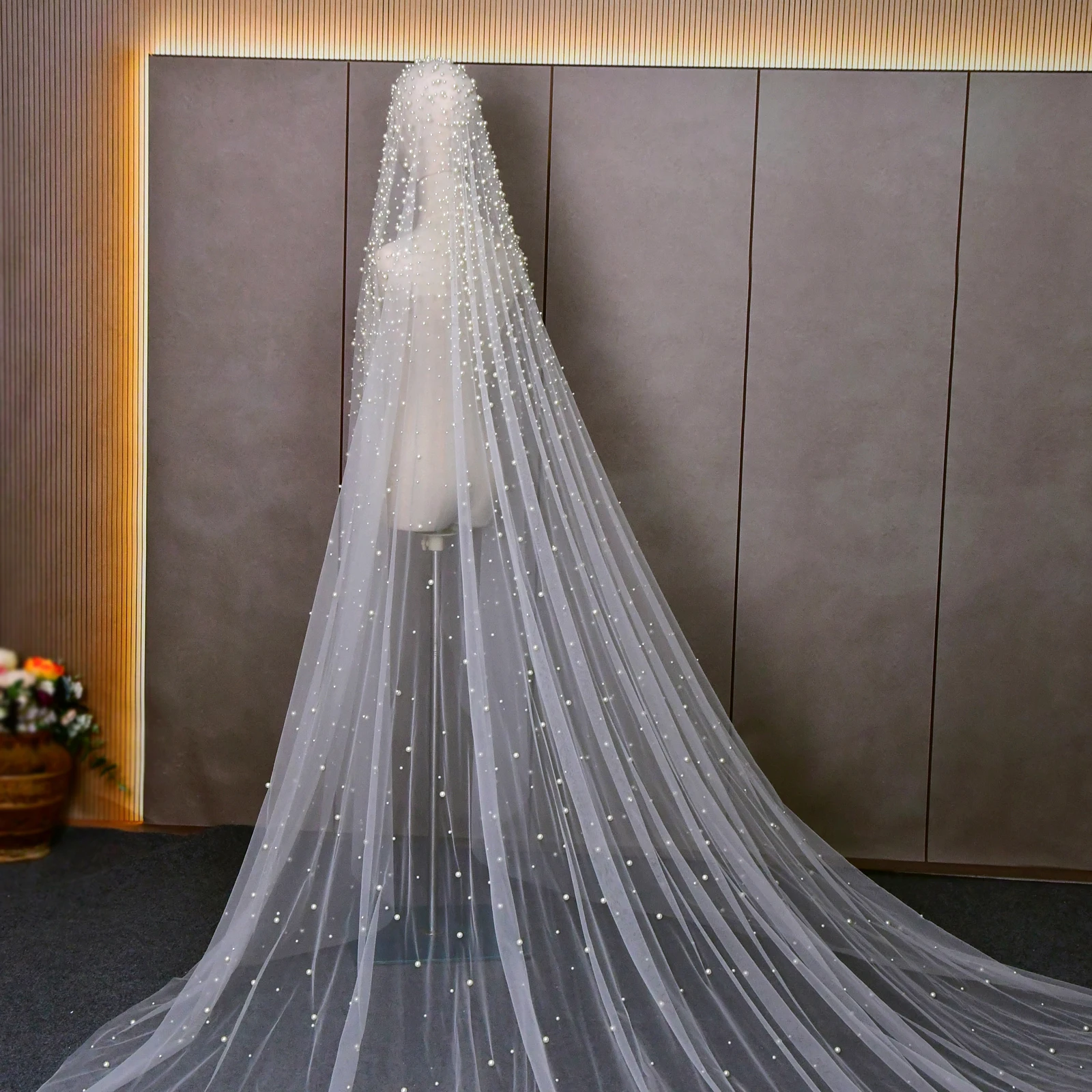 Véu De Casamento Longo Com Pérolas, Acessórios De Cabelo De Noiva, High End Frisado 3 m, 4 m, 5m, 1 Tier Pearl, VP113, Luxo