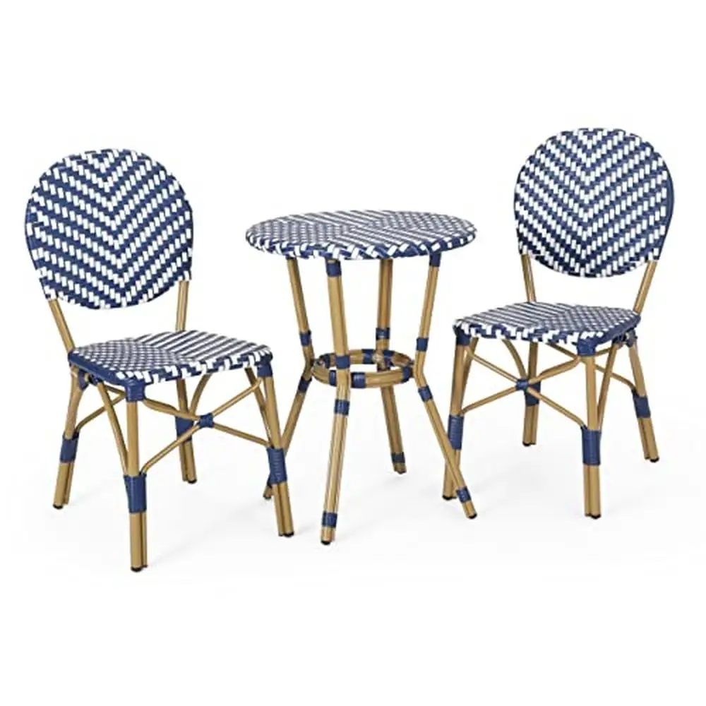 Parisian Inspired Outdoor Aluminum Bistro Set Navy Blue & White Lightweight Design Rattan Style Table & Chairs Included Easy