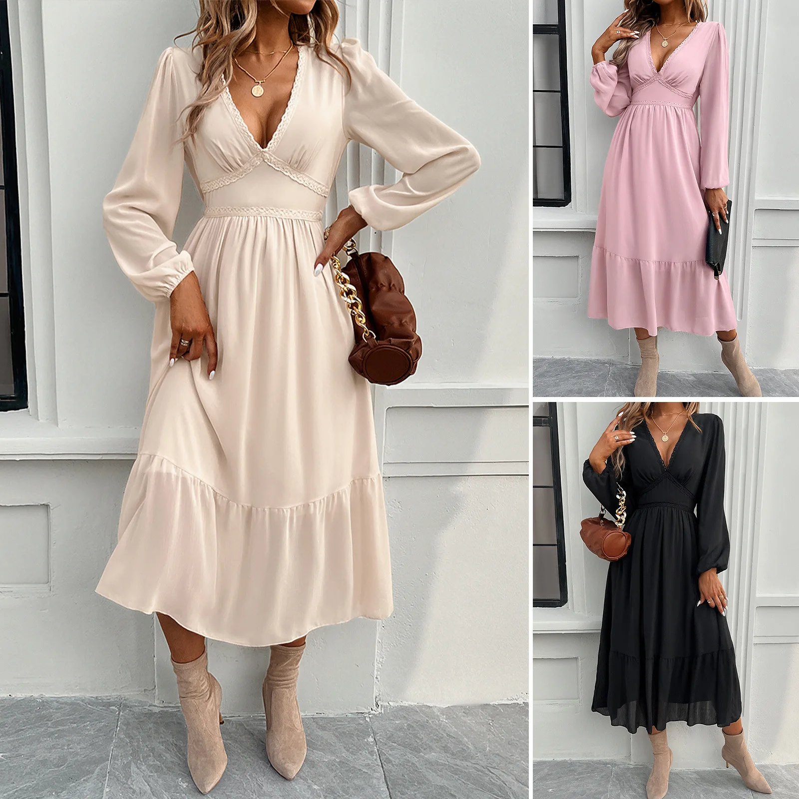 

Diyun Amazon Dresses Autumn And Winter Foreign Trade Independent Station Temperament Elegant Solid Color V-neck Dress