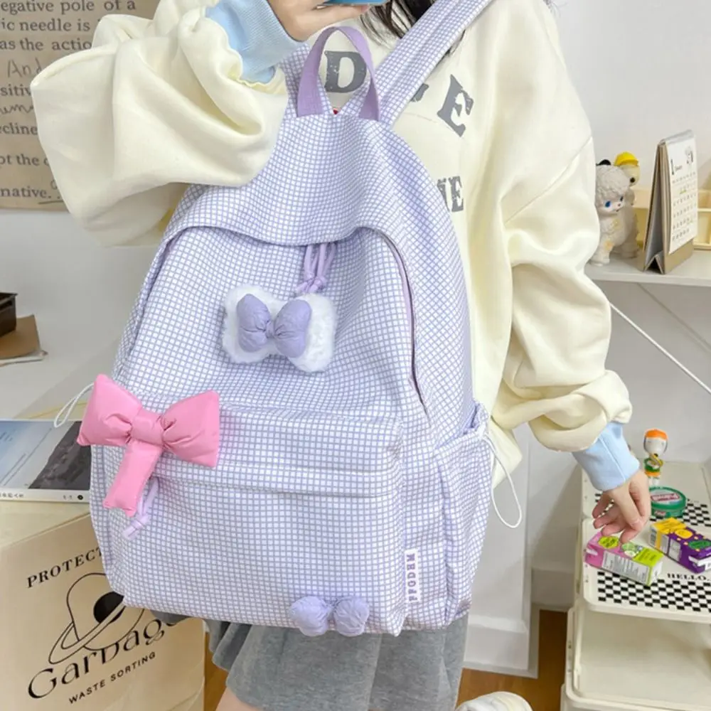 Mochila Kawaii portátil con patrón de rejilla y lazo, bolso escolar de nailon para estudiantes