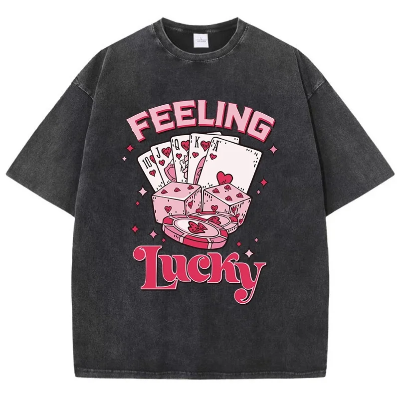 

Feeling Lucky Cotton Washed T-Shirts Womens Poker Dice Printed Tops Comfortable O-Neck Oversize Tsize Tee Shirts Fashion Clothes