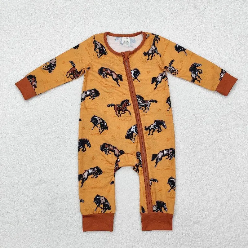 

8.20y Bamboo Horse Western Style Long Sleeve Bodysuit for Baby Boys Brown Zipper Rompers Wholesale Boutique