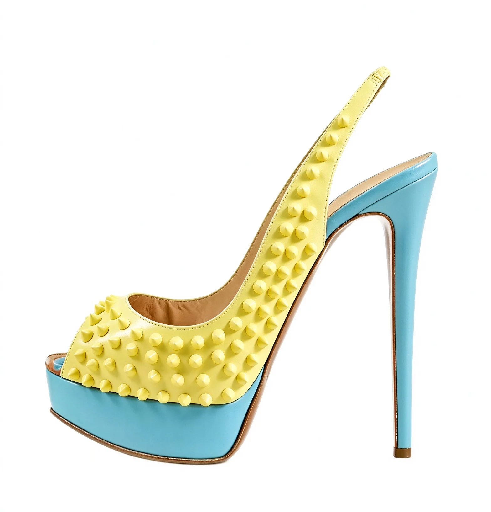 Yellow Peep Toe Spike Embellished Platform Slingback Pumps Women Sexy Open Toe Stiletto Heel Slingback Party Dress Sandals