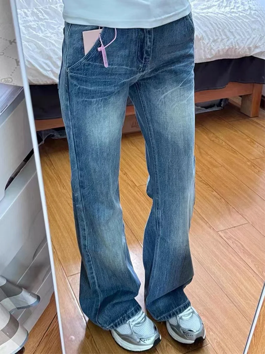 

Джинсы-клеш с высокой талией больших размеров, женские свободные прямые брюки, длинные, в американском стиле, весна-осень, стройнящие, деним