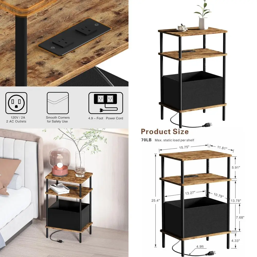 

Compact Charging Side Table with 3-Tier Storage for Living Room and Bedroom, Rustic Brown