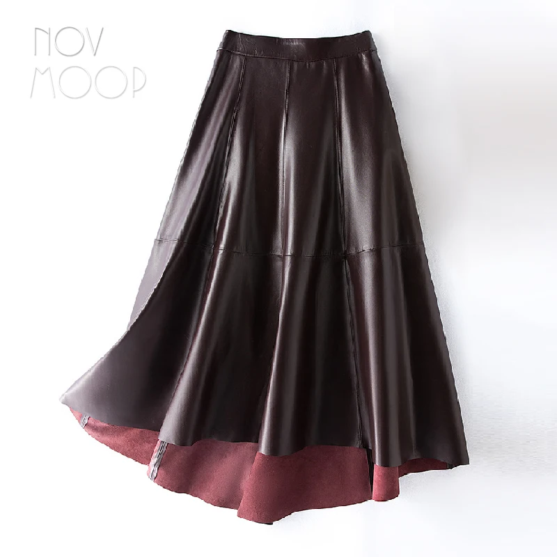 Novmoop genuine sheepskin leather women long skirt asymmetrical length short front long back big volume pleated elegant LT3587