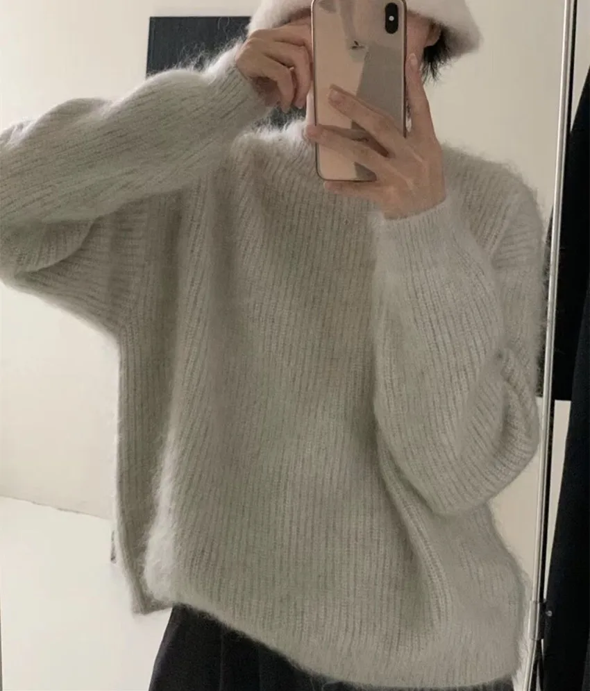 New 2024 Fall Winter Fashion Gray Mohair Knitting Loose Pullovers Fashion Women Round Collar Soft Thick Warm Long Sleeve Sweater