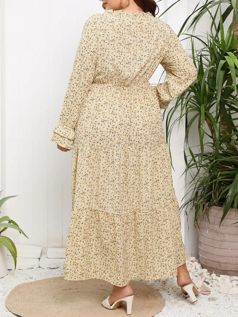 Women\'s Fashionable Chiffon Floral Super Fairy Casual Elegant Dress with Round Neck Petal Sleeves Fresh and Sweet Long Skirt