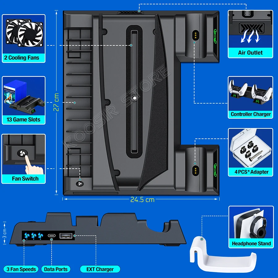 Newest PS5 Vertical Stand 2 Controller Charging Base 2 Cooling Fan For Sony Playstation 5 Play Station PS 5 Console Accessories