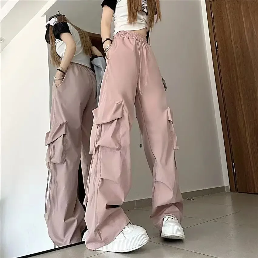 

Women High Waist Cargo Pants Female Big Pockets Wide Leg Straight Trousers Summer Hip Hop Streetwear Drawstring Baggy Sweatpants