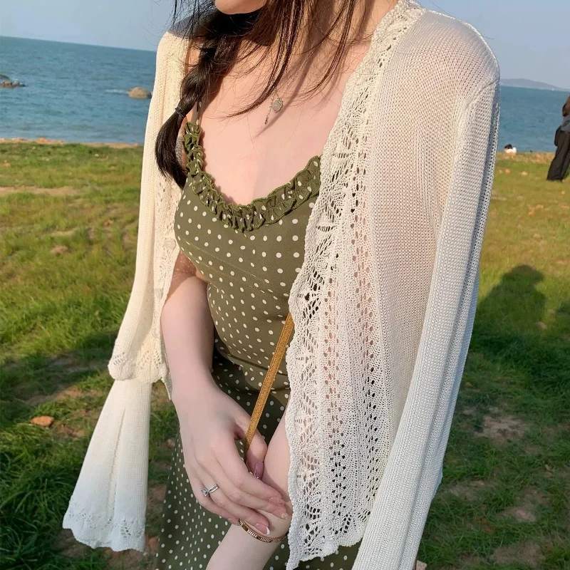 

French White Sun Protection Ice Silk Knitted Cardigan Hollowed out Design for Women Summer Lightweight Drapey Top Camisole