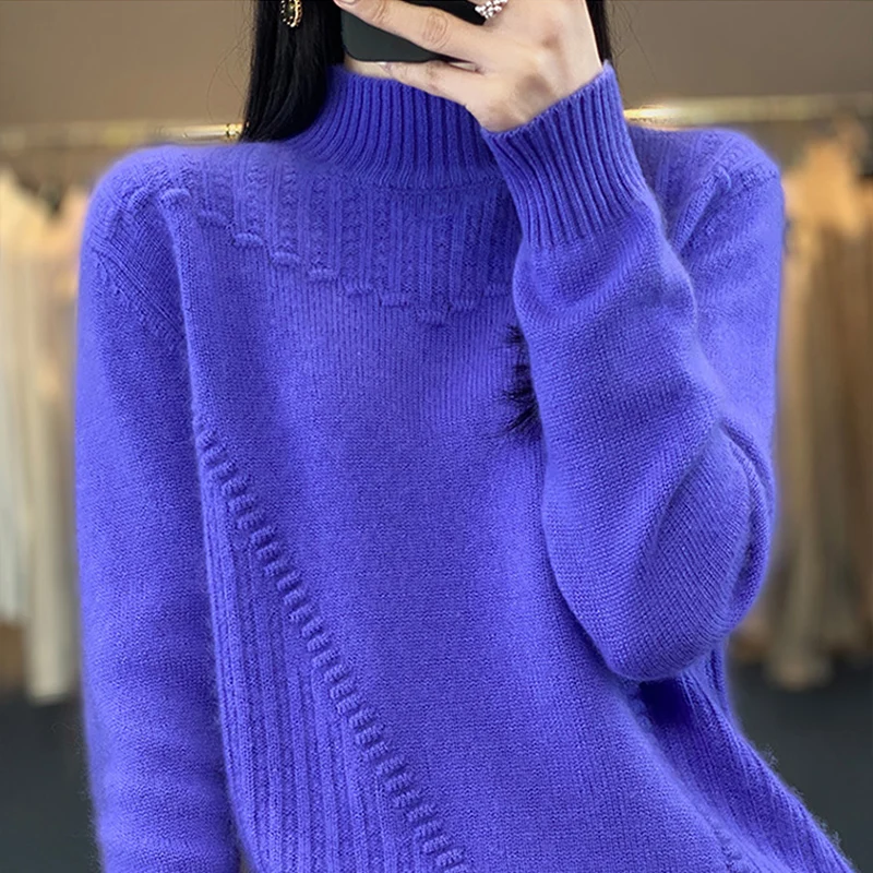 New women\'s semi-turtleneck pullover in autumn and winter 100% Merino wool knitted top thickened casual loose cashmere sweater