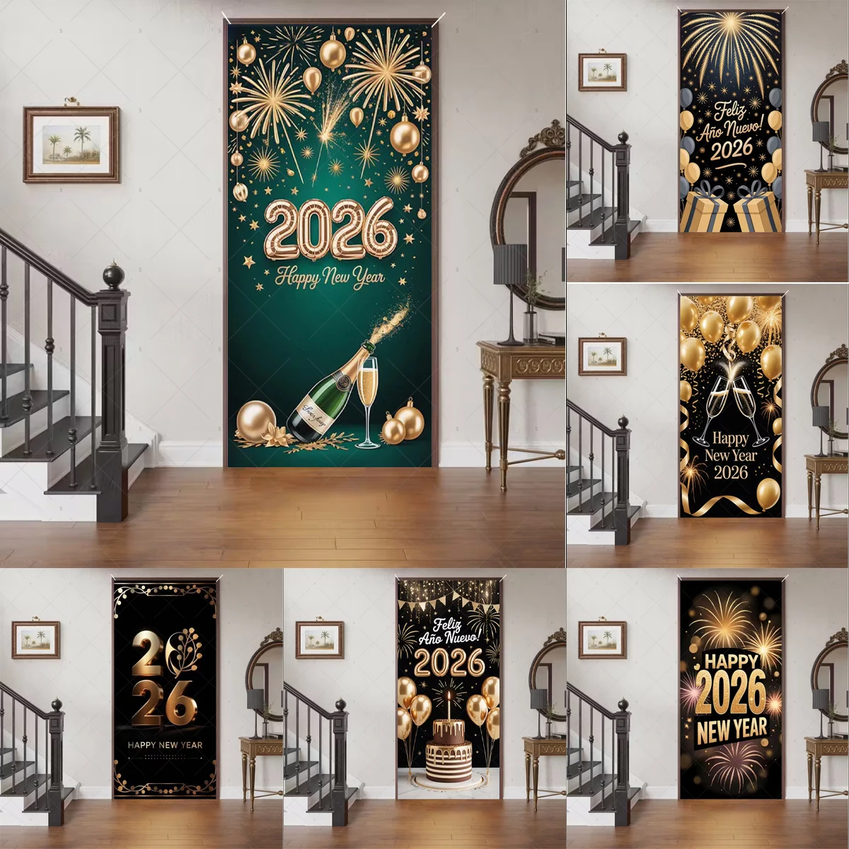 

2026 Black Gold Happy New Year party Decoration Backdrop Balloon Door Banner Celebrate Family Background photography props Gift