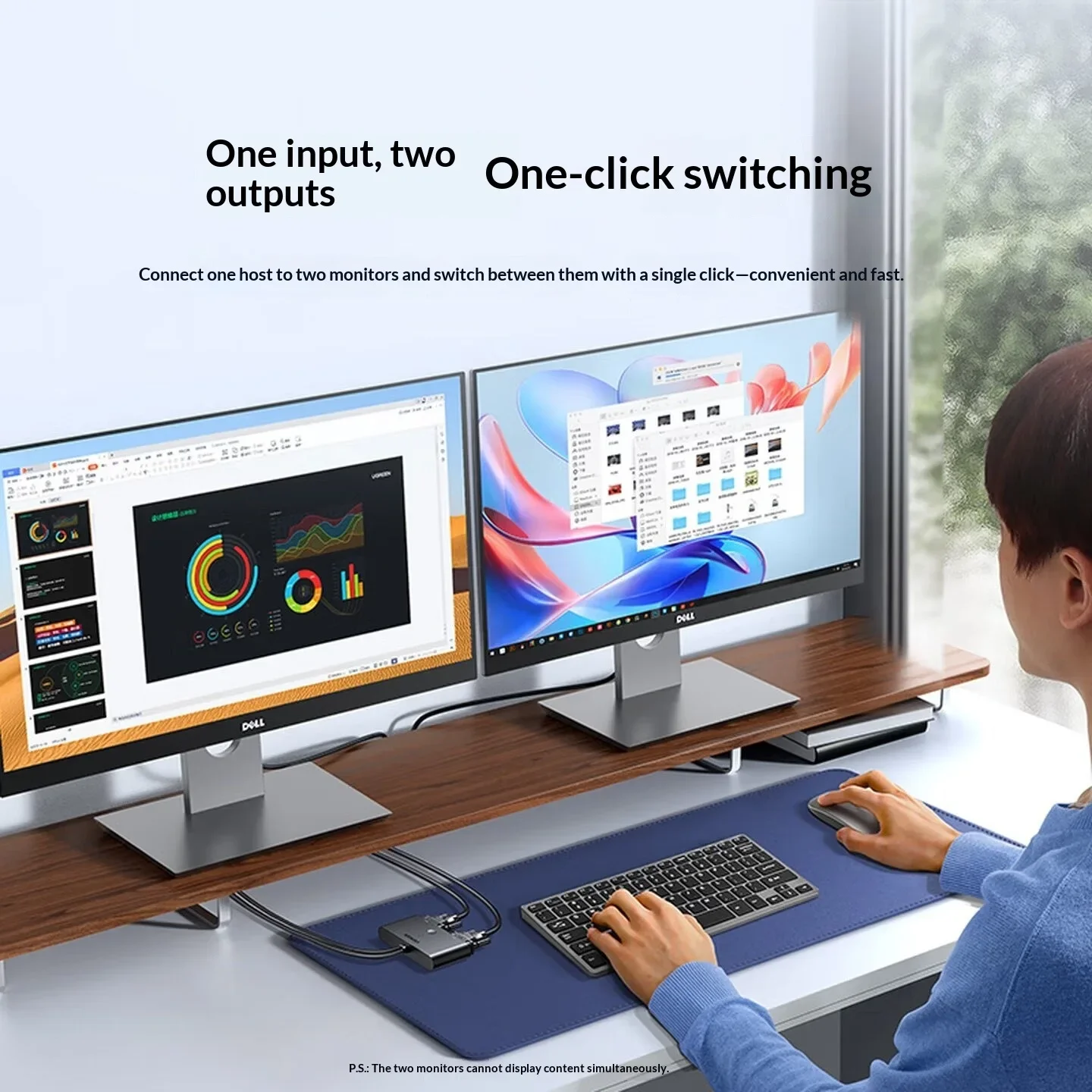 UGREEN 30711 VGA Switch 2 In 1 Out or 1 In 2 Out 1080P 60Hz Button Selector Built-in 1m VGA and USB Power Cables