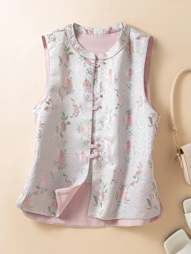 

Ele Silk Satin Embroidered Vest Women's New Chinese Sle Tang Suit Outerwear Pearl Button Small oulder Pad Top