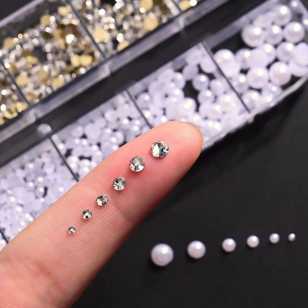12 Grids Mixed White Pearls Clear Rhinestone for Nail Art Decoration 1.5-4mm Multi Size Half Round Pearls Manicure Accessories