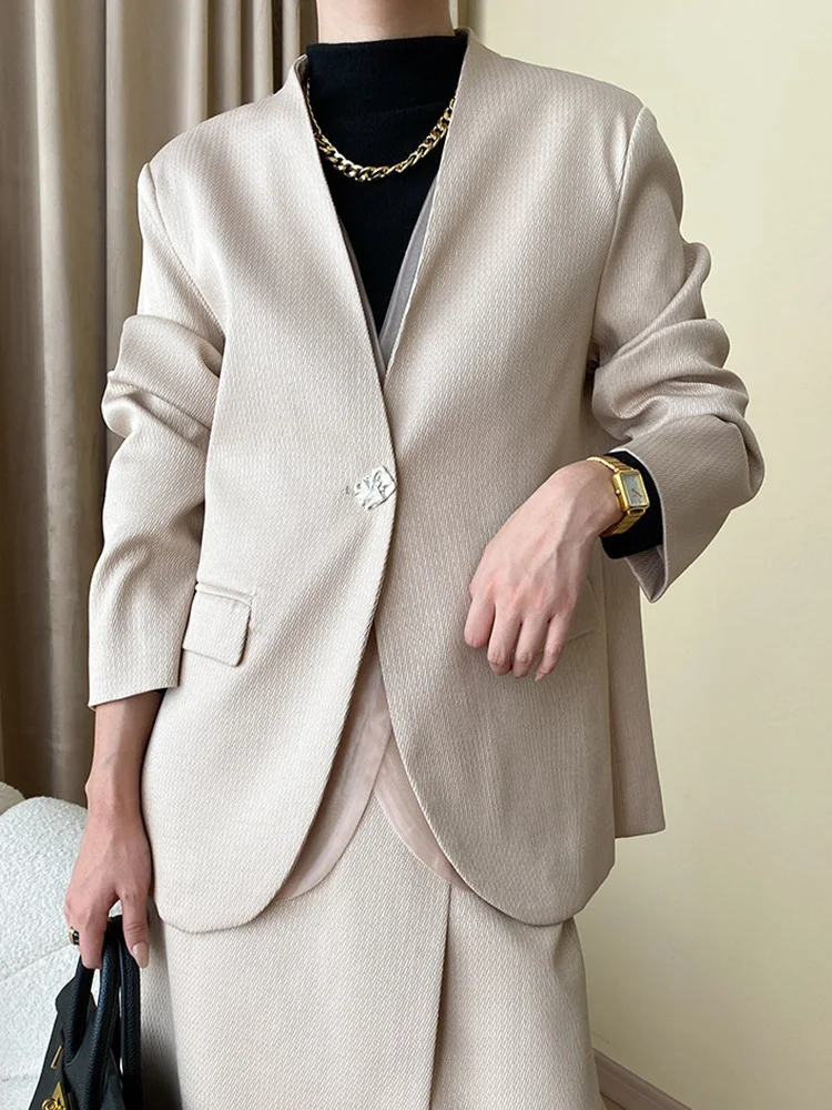 Women Champagne Mesh Big Size Big Size Blazer New V-neck Long Sleeve Loose Jacket Fashion Tide Spring Autumn X715