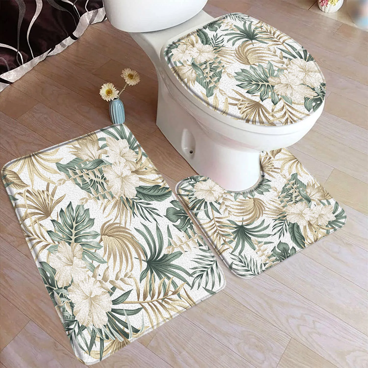 Tropical Leaves Bath Mat Set Palm Leaf Monstera Plnat Floral Home Carpet Flannel Bathroom Decorative Floor Rugs Toilet Lid Cover