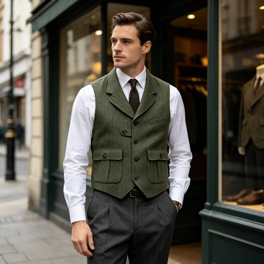 Notch Lapel Herringbone Tweed Men Suit Vest Retro Multi Pockets Waistcoat Vintage Hunting Gilet Formal Wedding Vest