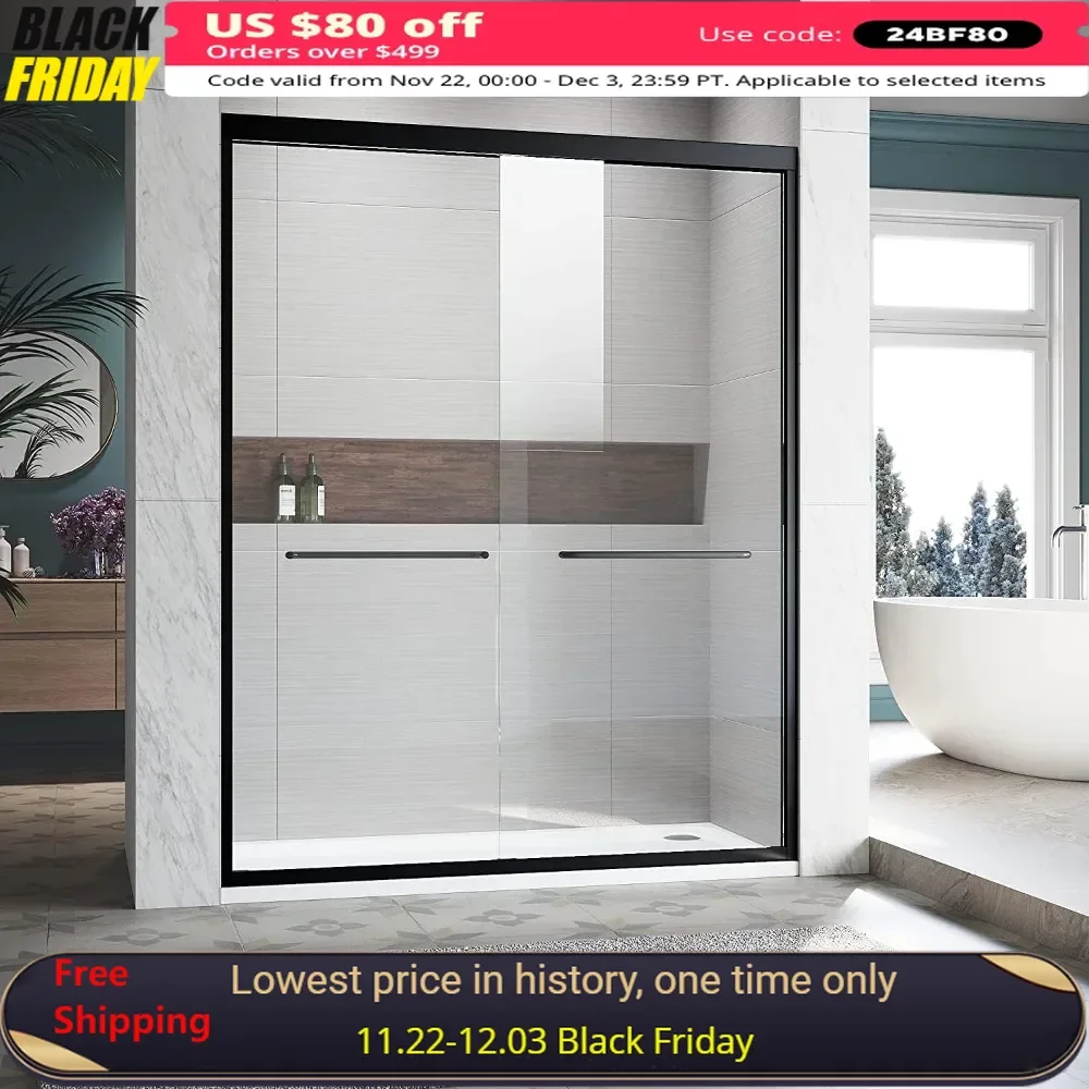

Shower Door 56-60 in W X 72 in H, Black Sliding Shower Glass Door Adjustable Semi Frameless Shower Door