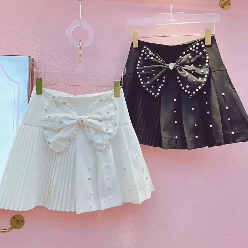 French Diamond Beaded Bow Skirt Summer New Pleated Skirt High Waist A-shaped Skirt