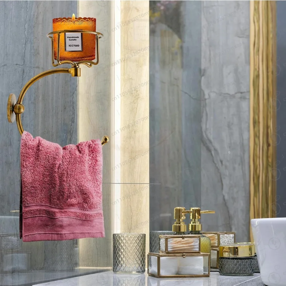 

Hand Towel Holder with Vintage Candle Holder for Wall, Towel Hook for Bathroom Wall,Rustic Towel Ring with Elegent Candle Holder