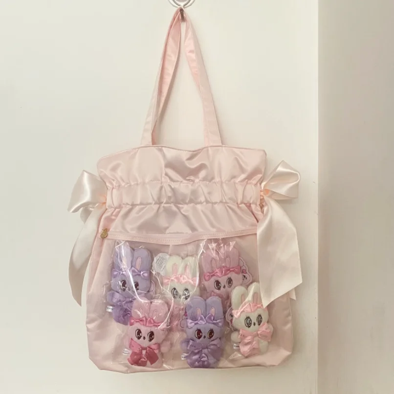 Japanese New Satin Cute Fixed Double Bow Portable Shoulder Bag Young Girl Style  Doll Computer Can Be Placed Lta Bag for Women