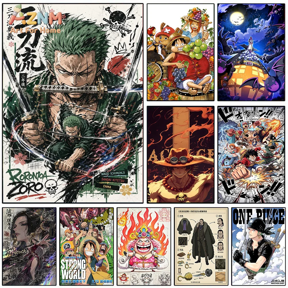 AZNM One Piece Roronoa Zoro Ace Luffy Hancock Big Mom Anime Manga Canvas Wall Art Character Blueprint Print Unframed Canvas Pain