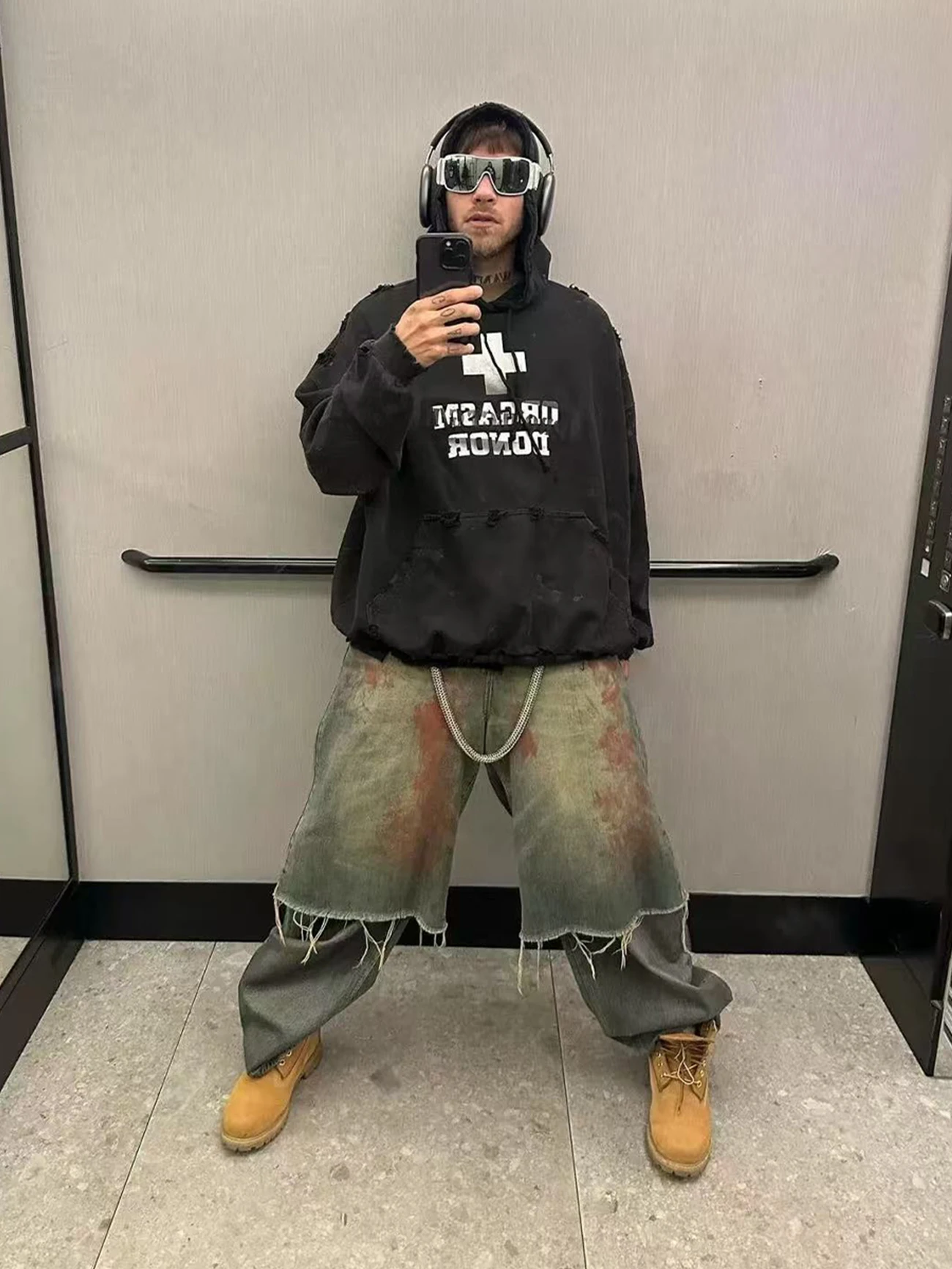 

Ailz Fugui Project American Sle Cross Print Hoodie Sweatirt Men's Winter Casual Loose Fit Long Sve Youth Faion