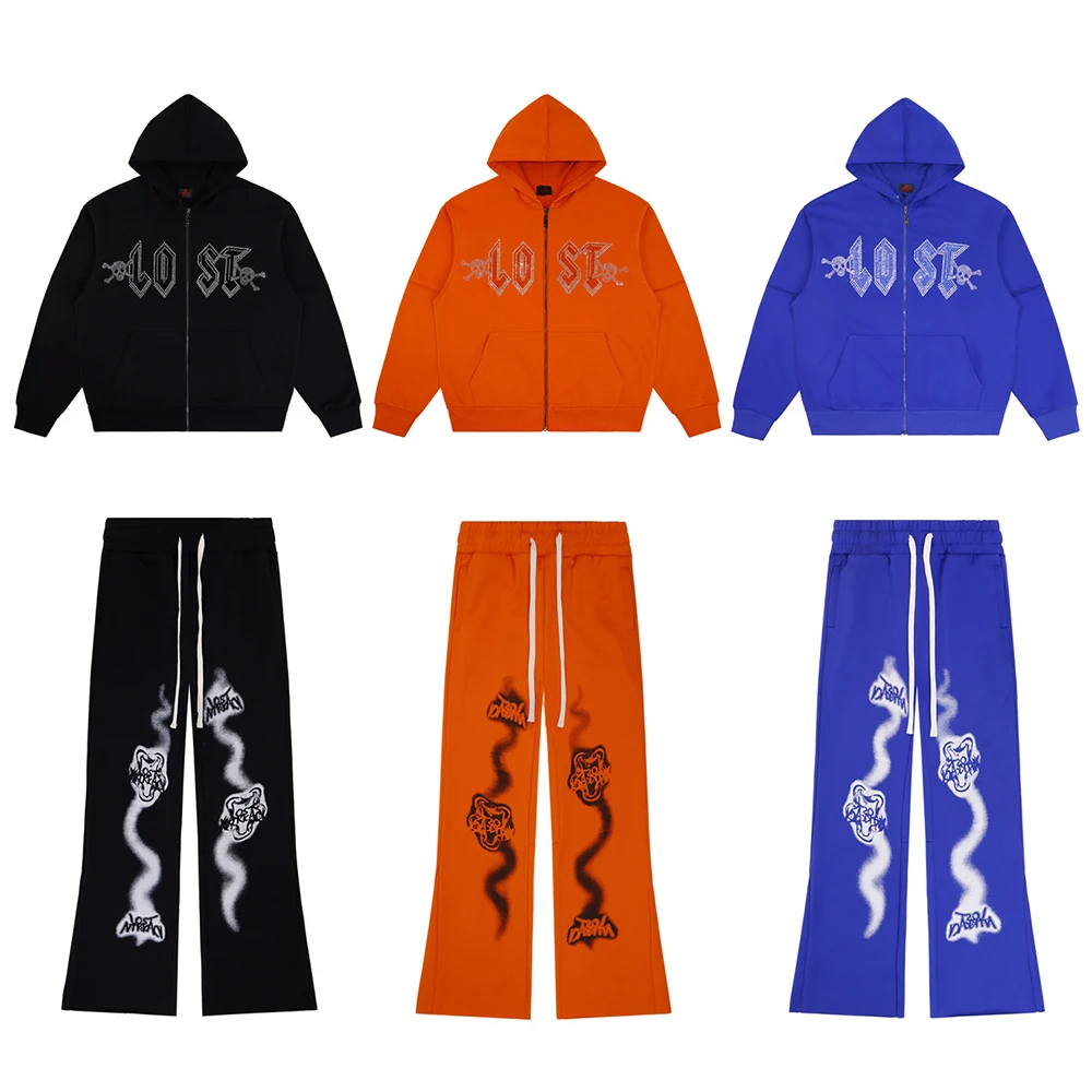 Sudaderas con capucha Vintage con cremallera y diamantes brillantes para hombre, sudadera holgada de rizo con diamantes de imitación, chaqueta de gran tamaño